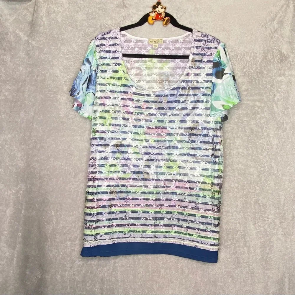 One world 1X Top Shirt White Blue Floral Lace Over Short Sleeve Scoop Neck